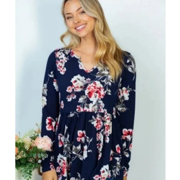 Floral & Navy Peplum Long Sleeve Top