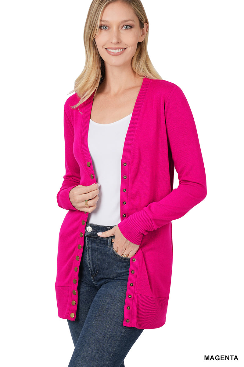 Zenana Magenta Snap Button Lightweight Sweater Cardigan