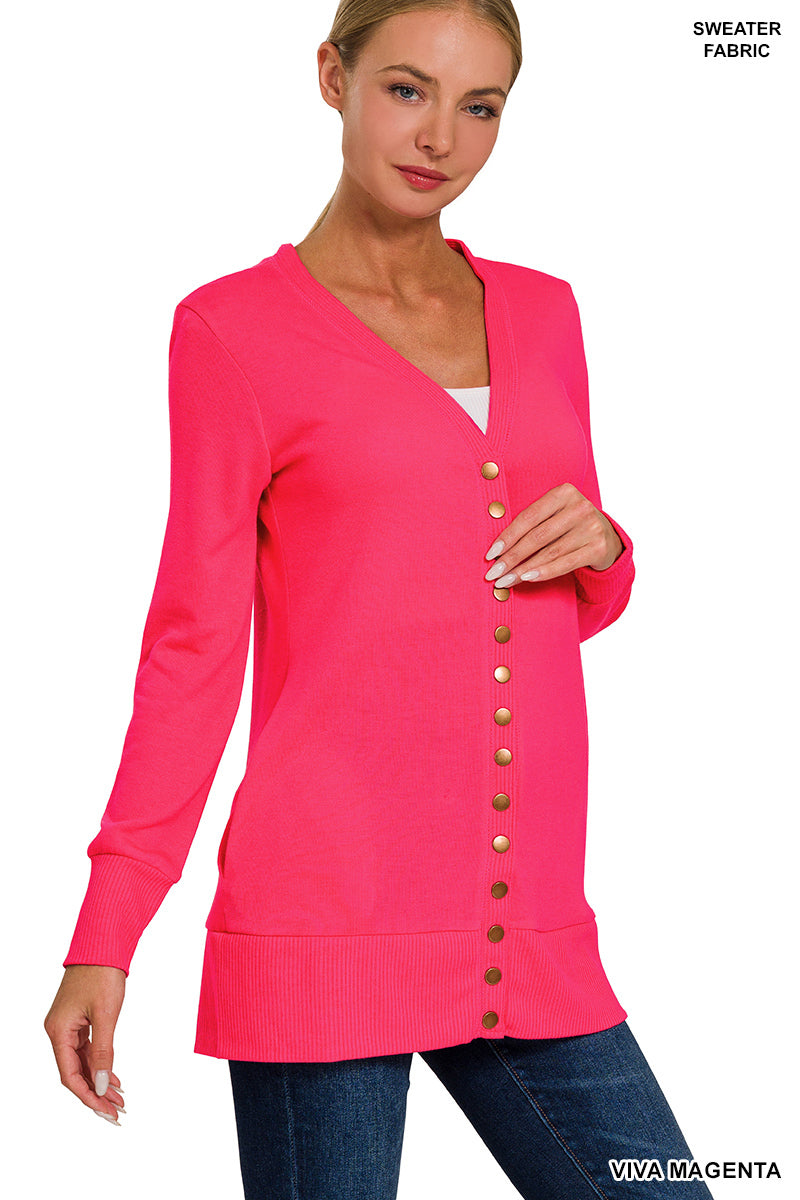 Zenana Bright Pink Snap Button Cardigan w/Pockets