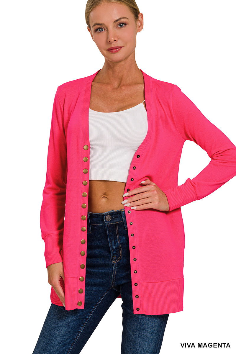 Zenana Bright Pink Snap Button Cardigan w/Pockets