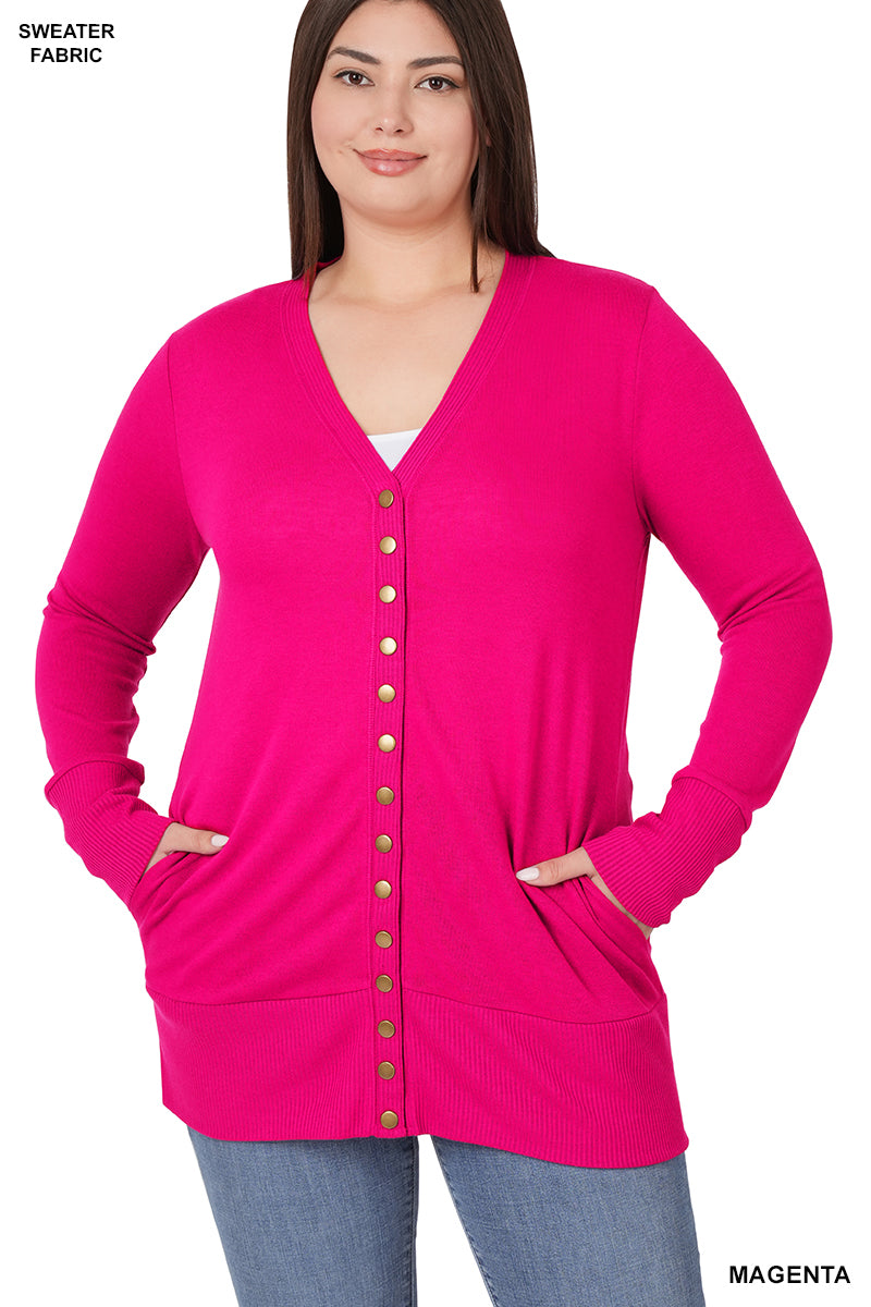 Zenana Magenta Snap Button Lightweight Sweater Cardigan