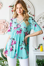 Pink Floral & Mint Short Sleeve Babydoll Top