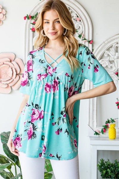 Pink Floral & Mint Short Sleeve Babydoll Top