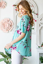 Pink Floral & Mint Short Sleeve Babydoll Top