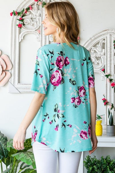 Pink Floral & Mint Short Sleeve Babydoll Top