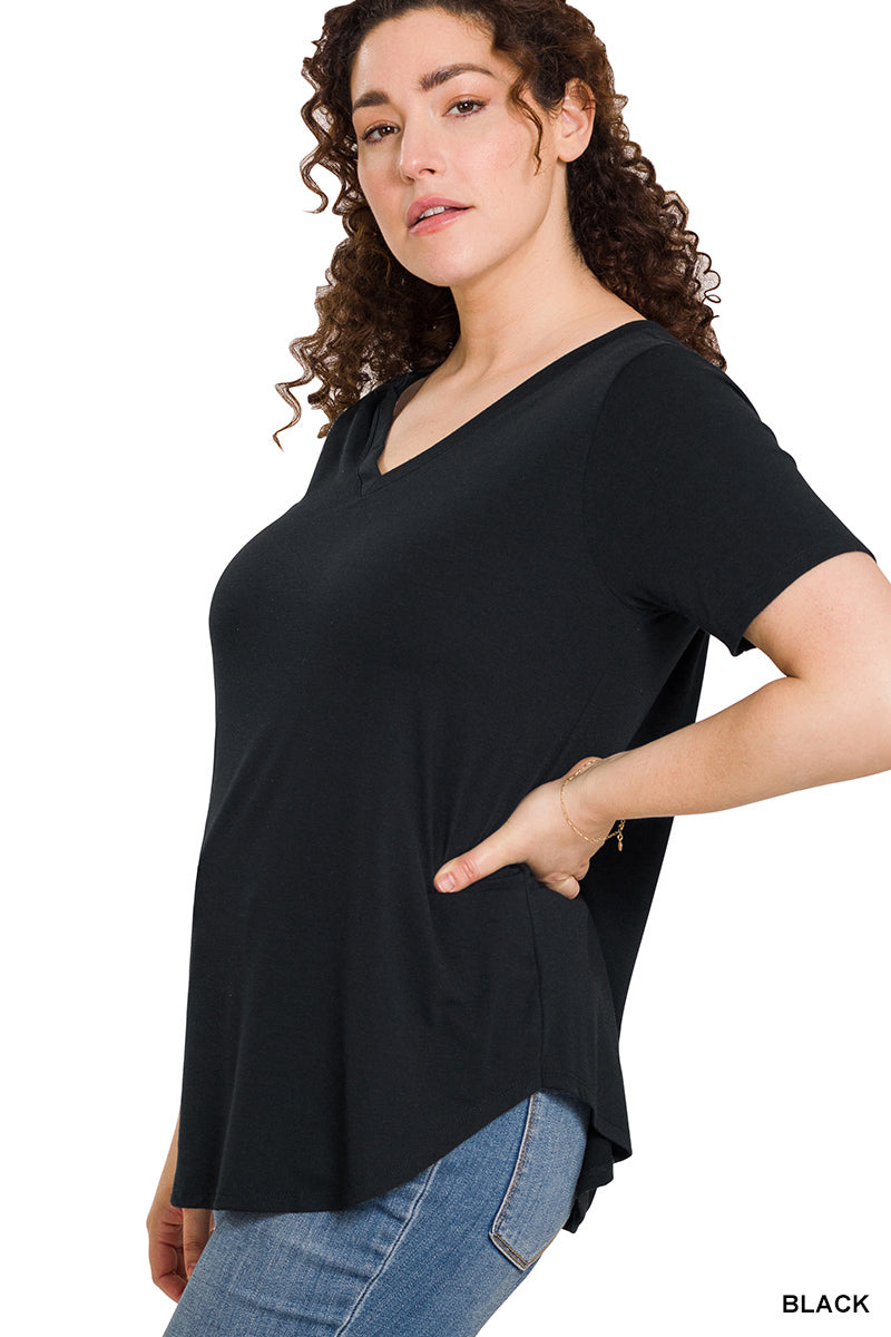 Black V~Neck Short Sleeve Plus Size Top