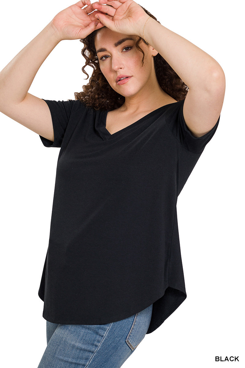Black V~Neck Short Sleeve Plus Size Top