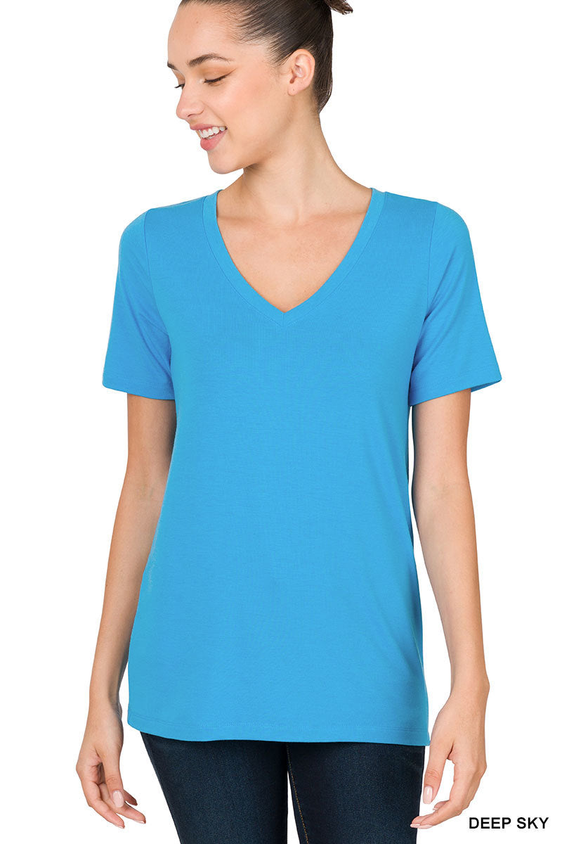 Sky Blue V~Neck Short Sleeve Top