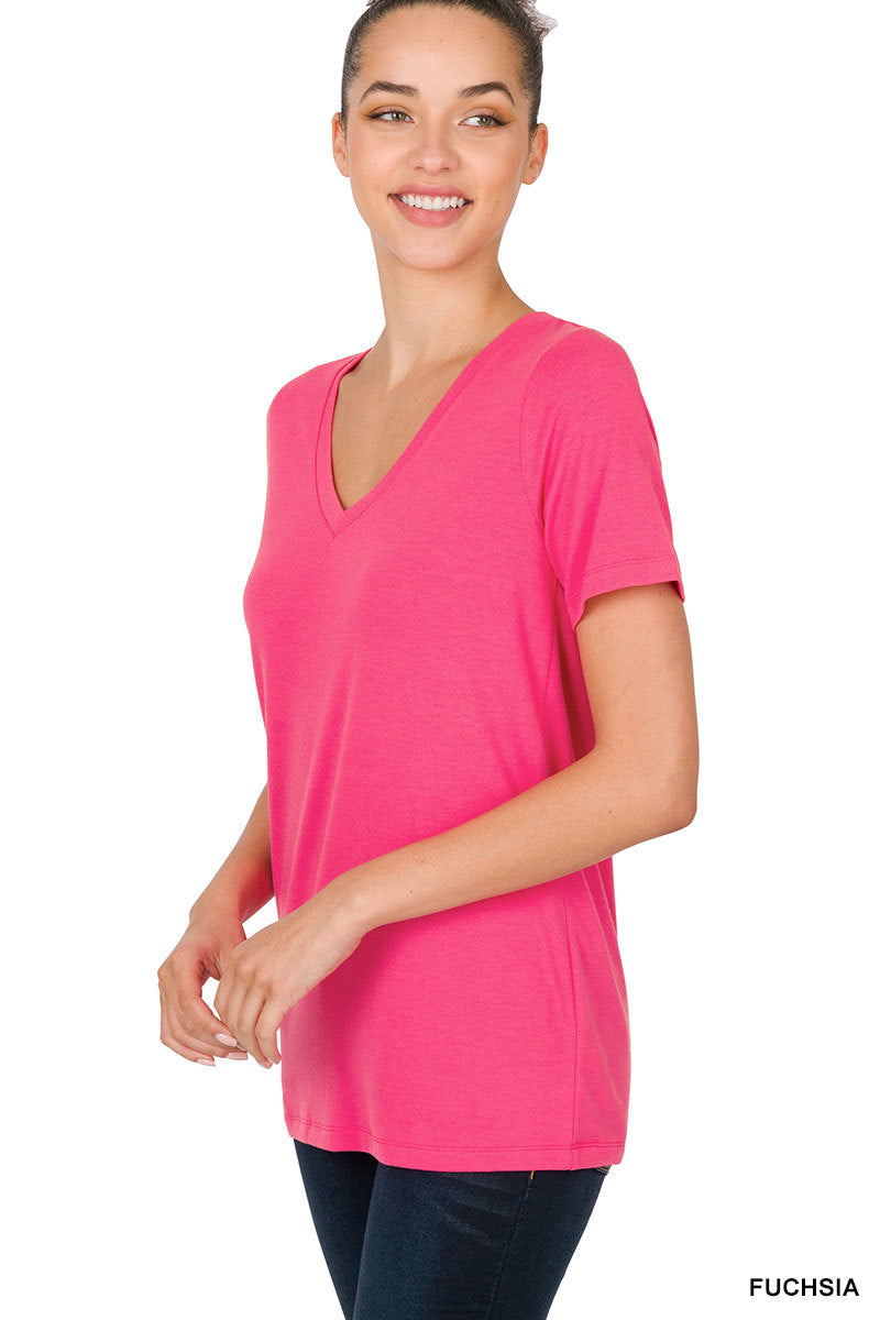 Fuchsia Pink V~Neck Short Sleeve Top