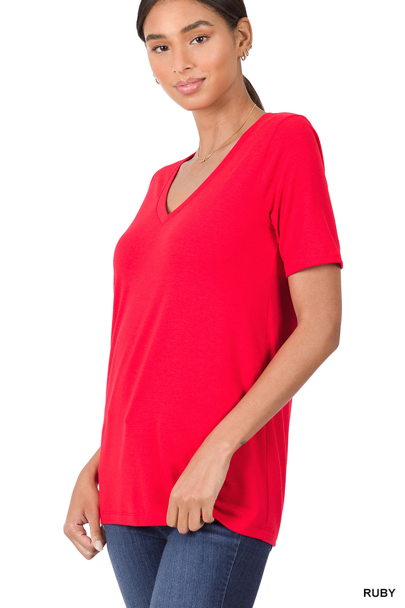 Ruby Red V~Neck Short Sleeve Top