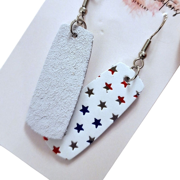 Red, White, Blue, & Silver Star Leather Earrings