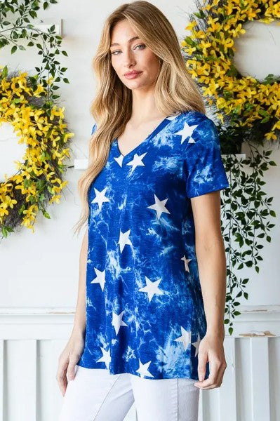 White Stars & Tie Dye Navy Short Sleeve Top