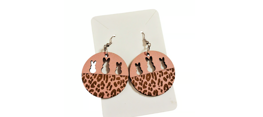 Wood Pink Easter Bunny & Leopard Earrings
