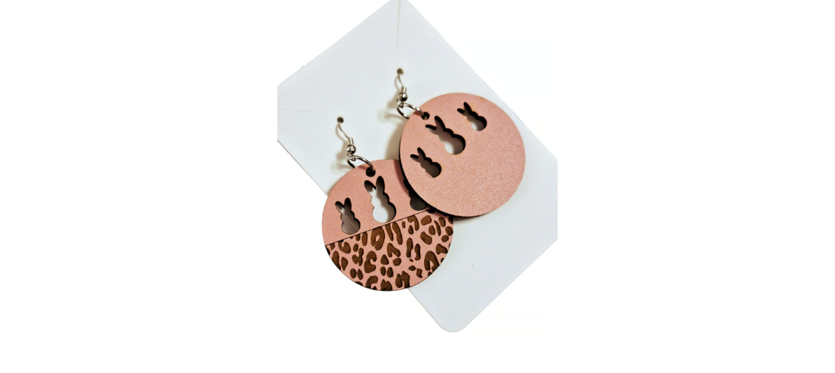 Wood Pink Easter Bunny & Leopard Earrings
