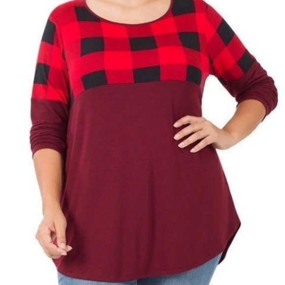 Zenana Red, Black & Burgundy Plaid Long Sleeve Top