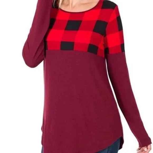 Zenana Red, Black & Burgundy Plaid Long Sleeve Top