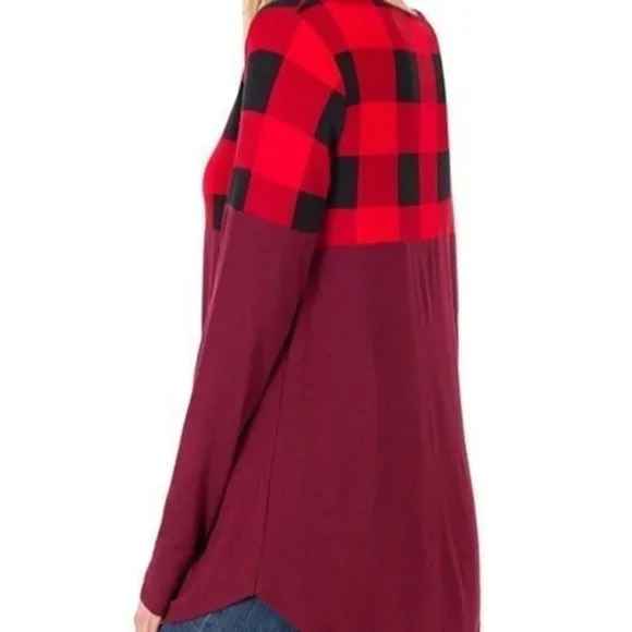 Zenana Red, Black & Burgundy Plaid Long Sleeve Top
