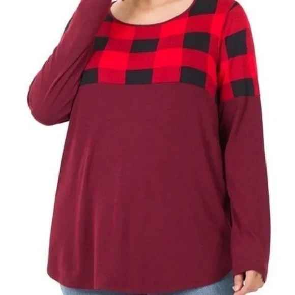 Zenana Red, Black & Burgundy Plaid Long Sleeve Top
